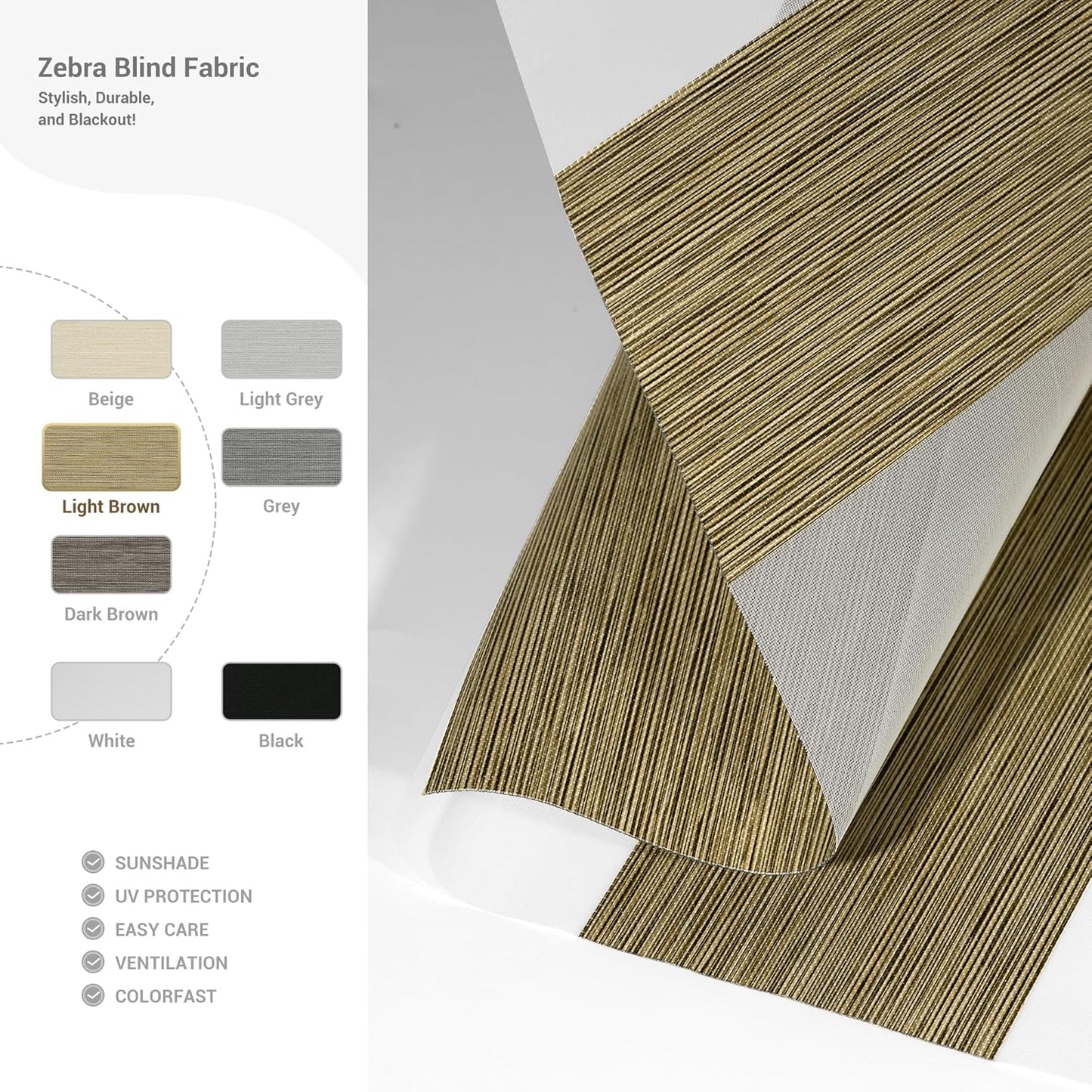 Cordless Zebra Blinds for Windows, Blackout Interior Blinds,Easy to Install,UV Protection,for Offices and Home,Custom Roller Shades, Mousse Light Bown,53" W x 64" H