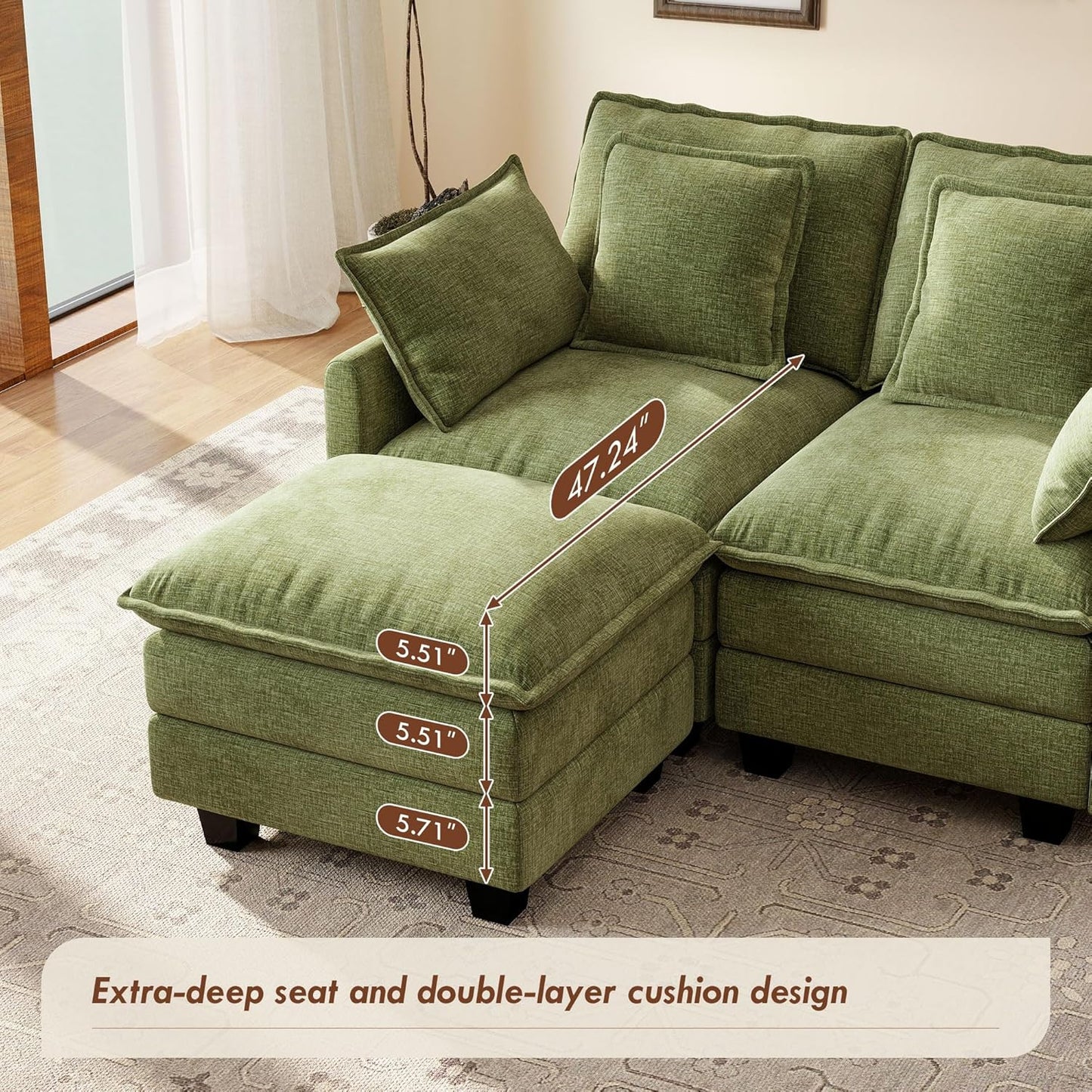 Ihanherry 57" L Shaped Modular Sectional Cloud Sofa, Modern 3 Seat Chenille Couch with Ottoman for Living Room, Bedroom and Apartment, Green