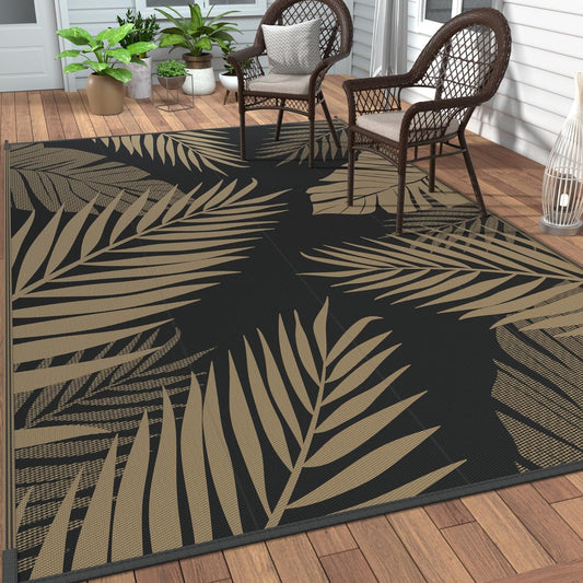 GENIMO Outdoor Rug 6' x 9' Waterproof for Patios Clearance, Reversible Outdoor Plastic Straw Camping Rug Carpet, Large Area Rugs Mats for RV, Camper, Deck, Balcony, Porch, Beach, Picnic, Black&Brown