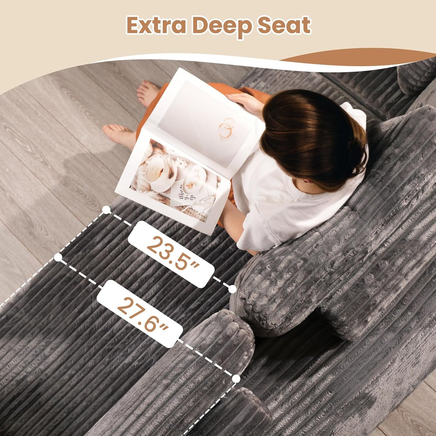 HOOOWOOO Cloud Sectional Couches for Living Room,Modular Sectional Sofa No Assembly,133X70 Inch Plush Corduroy Large U Shaped Floor Couch Set with Deep Seat Chaise Lounge(Gray)