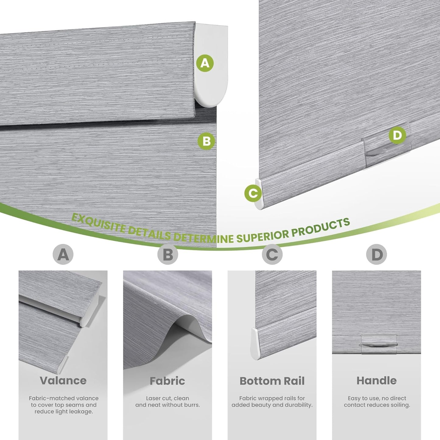 Blackout Roller Shades for Indoor Windows, Cordless Jacquard Fabric-Matched Roller Blinds, Easy to Install Privacy UV Protection Roll Up Blinds for Home Office, Grey, 36" W x 72" H