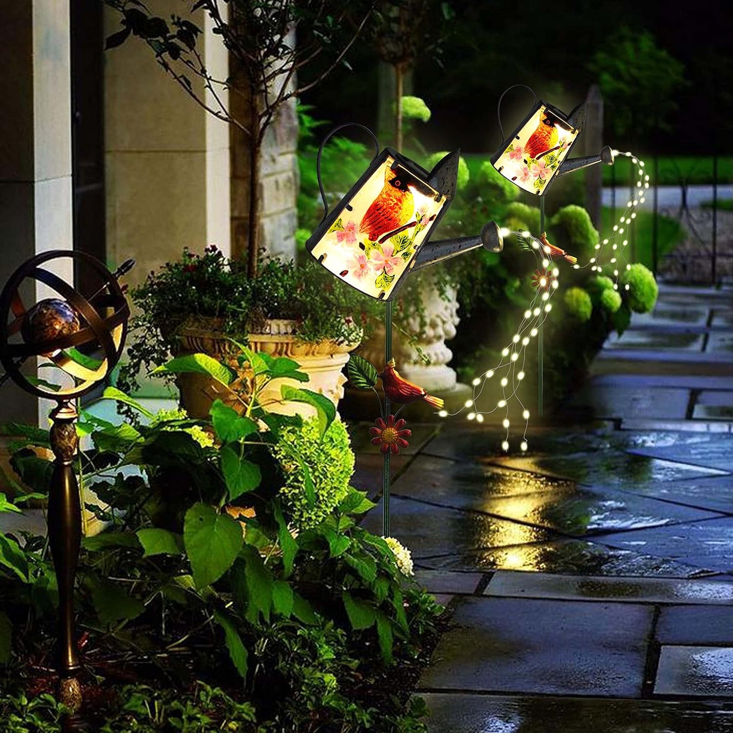Garden Solar Lights Outdoor, Metal Watering Can Garden Stake Lights Cardinal Bird Decor Glass Art for Walkway, Pathway, Yard, Lawn
