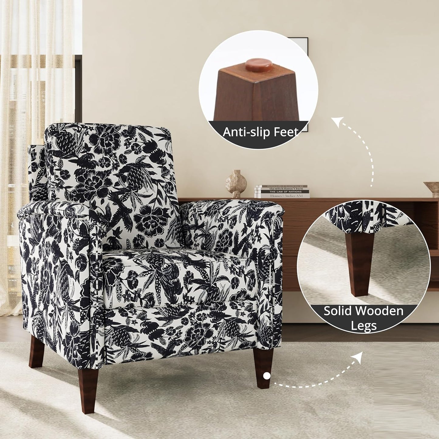 Floral Accent Chair, High Back Upholstered Armchair with Solid Wooden Legs, Padded Armrest and Removable Comfortable Cushioned Seat Single Sofa for Living Room, Bedroom, Black