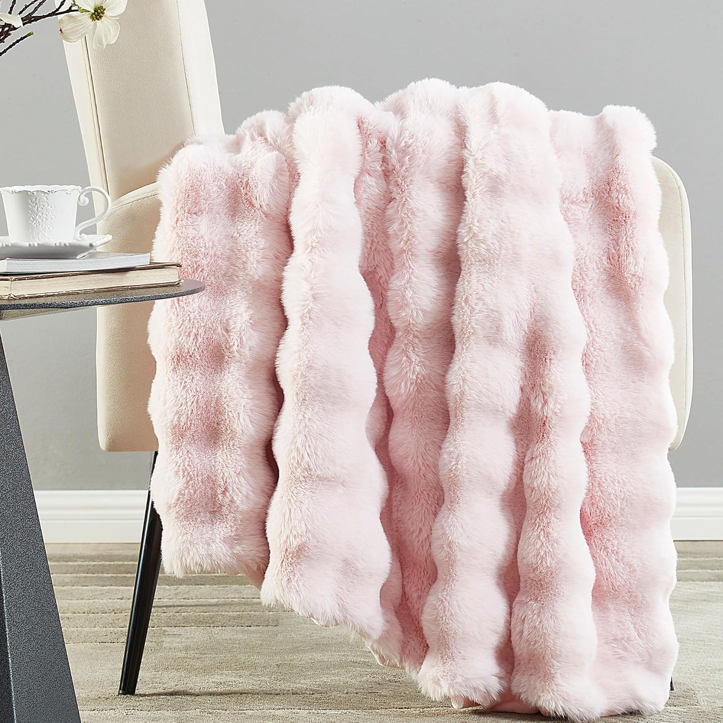 DREAMNINE Large Soft Thick Fuzzy Bubble Faux Rabbit Fur Bed Blanket Queen Size - 80" x 90", Big Warm Shaggy Fluffy Blankets for Winter, Solid Luxury Cozy Cute Bumpy Furry Blanket for Adult Girl, Pink