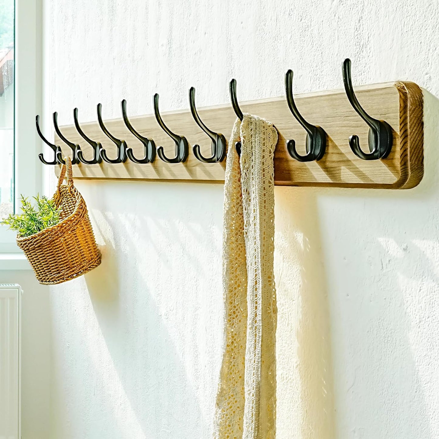 Dseap Coat Rack Wall: 38-1/4" Long, Patented, Heavy-Duty, 10-Double-Hooks Wooden Wall Mounted Coat Rack Coat Hanger Hook Rail for Winter Coats Hat Jacket Clothing, Weathered Brown
