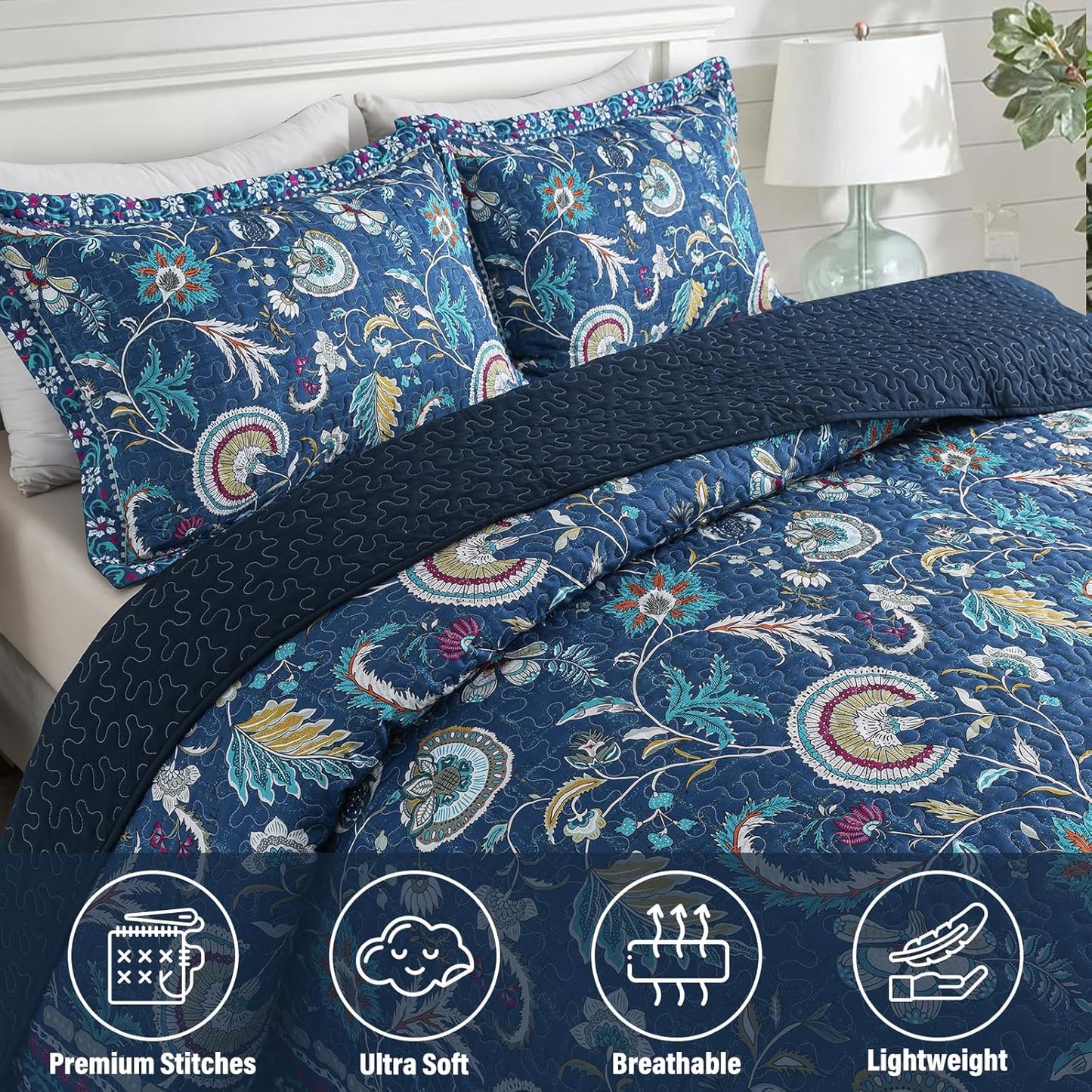 NEWLAKE Quilt Set Queen Size, Bedspread Sets Blue Botanical Floral Patterns, Reversible Quilt Bedding Set Lightweight and Breathable for All Seasons, Soft Quilted Bedspread with 2 Pillow Shams
