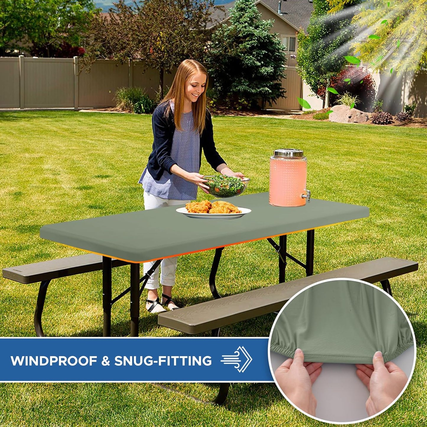 Fitted Tablecloth for 8 Foot Rectangle Tables-6 Pack Sage Elastic Outdoor Picnic Table Cover-Spandex Stretch Folding Table Cloths 8ft for Camping Dining Room Patio Kitchen Banquet Party