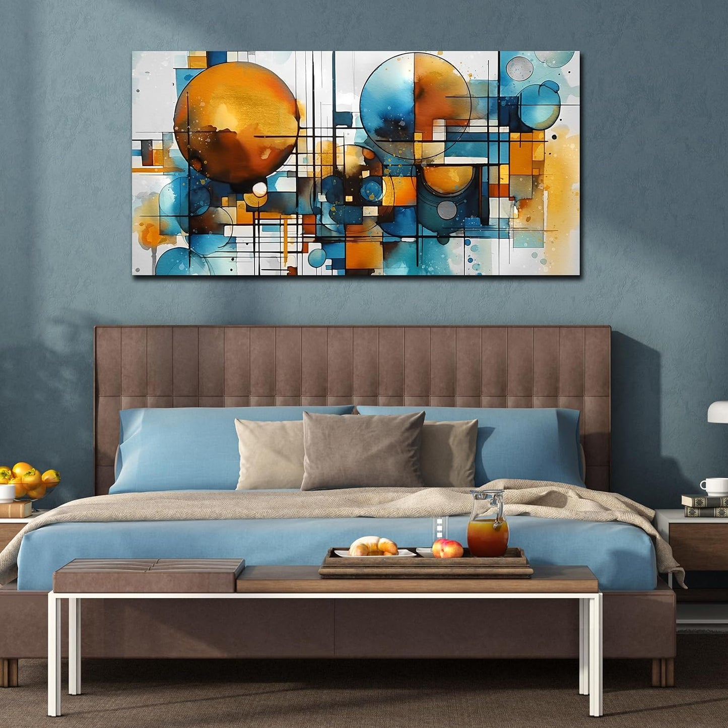 ENTANUB Abstract Wall Art for Living Room, Circle Canvas Wall Decor for Bedroom, Orange and Blue Print Paintings Artwork, Size 29x59 Inches