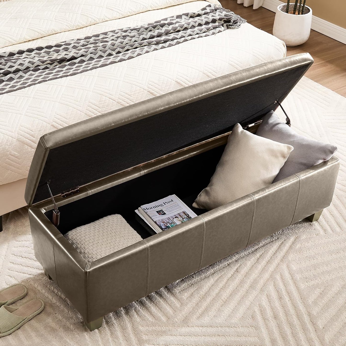 51" Faux Leather Storage Ottoman, Stitch Tufted Rectangle Upholstered End of Bed Storage Bench, Entryway Large Couch Ottoman with Wooden Legs,Grey