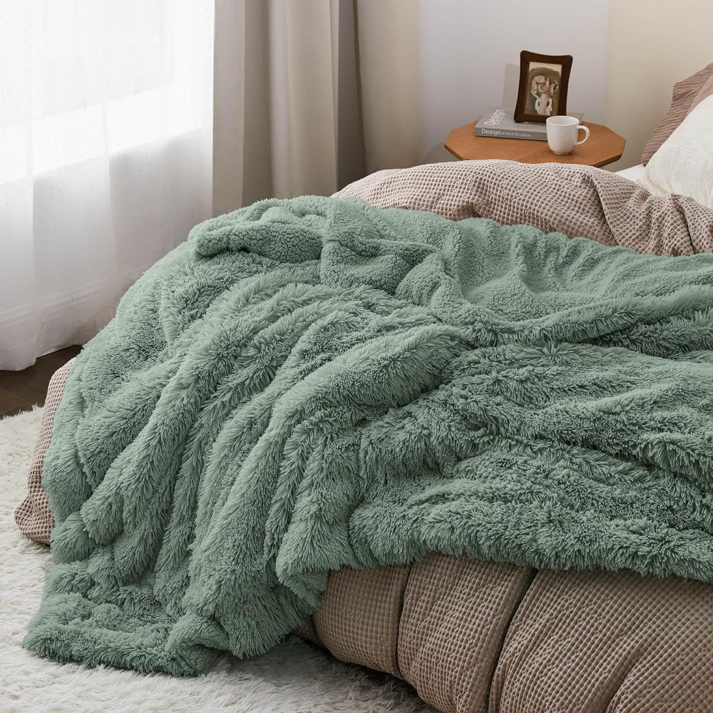 Bedsure GentleSoft Fluffy Sage Green Blankets Queen Size for Bed, Thick Sherpa Faux Fur Fleece Fuzzy Plush Winter Warm Soft Queen Blankets, Bedroom Decor Sage Green Cozy Gifts for Women Men, 90x90