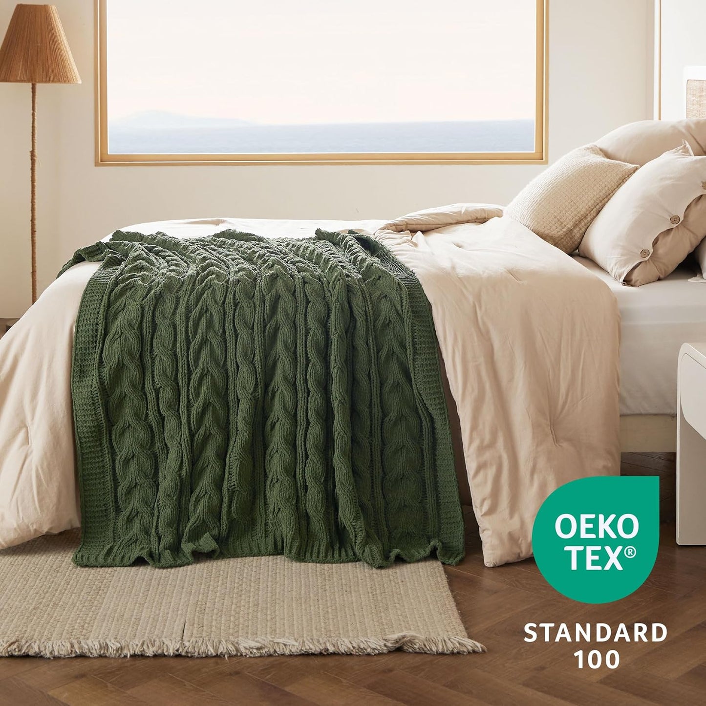 Bedsure Cable Knit Twin Blanket for Couch Bed - Breathable Chenille Chunky Knit Twin Blanket for Decorative Gift, GentleSoft Cozy and Warm for Winter and All Seasons, Green, 60x80 Inches