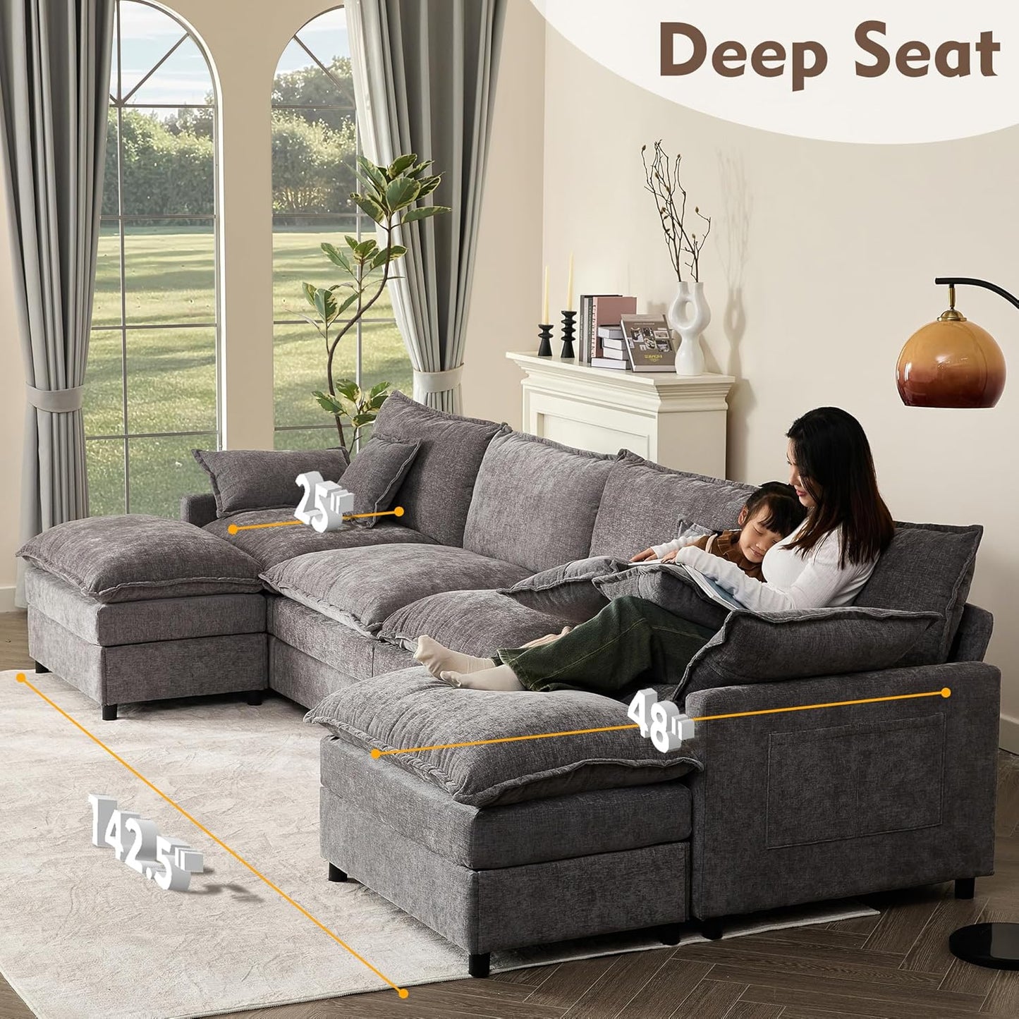 142.5" U Shaped Couch, Modular Sectional Sofa, 3-Seater Comfy Cloud Couch with Movable Ottoman, Deep Seat Couches for Living Room, Chenille, Slate