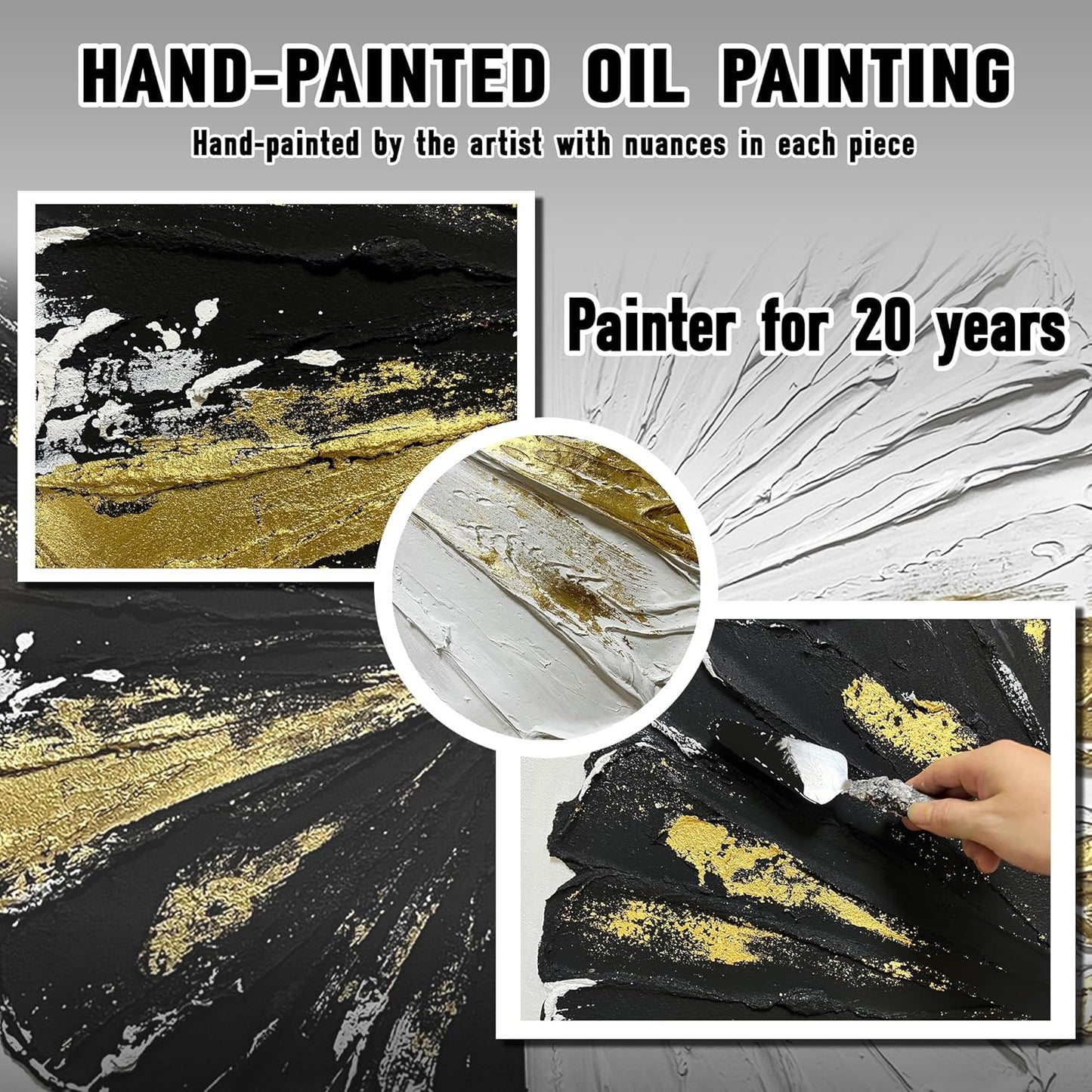 Abstract Circles Wall Decorations for Office Black White Gold Oil Painting Wall Art for Bedroom Large Pictures for Living Room Size 29 x 58 Inch