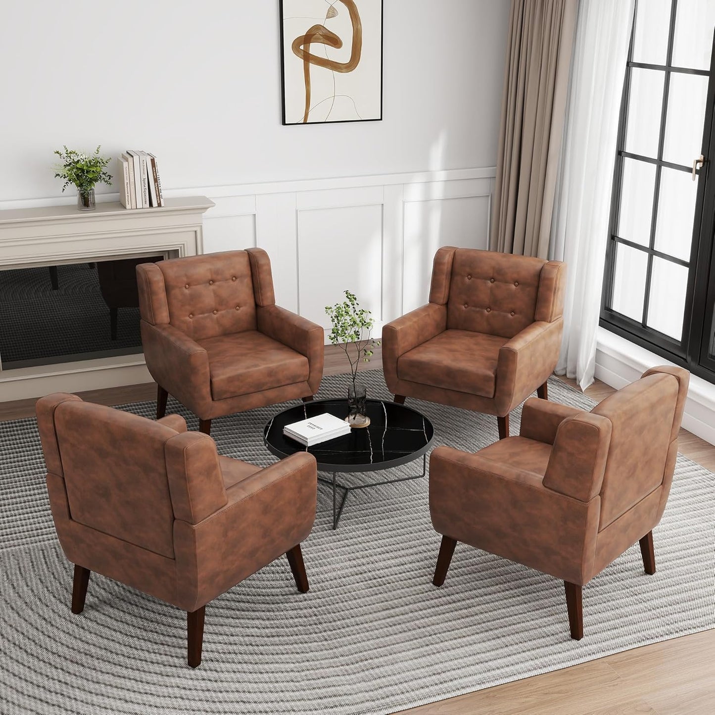 UIXE Faux Leather Accent Chair, Morden Upholstered Armchair for Living Room, Button Tufted Arm Chair Comfy Single Sofa Bedroom Side Reading Seat - Coffee