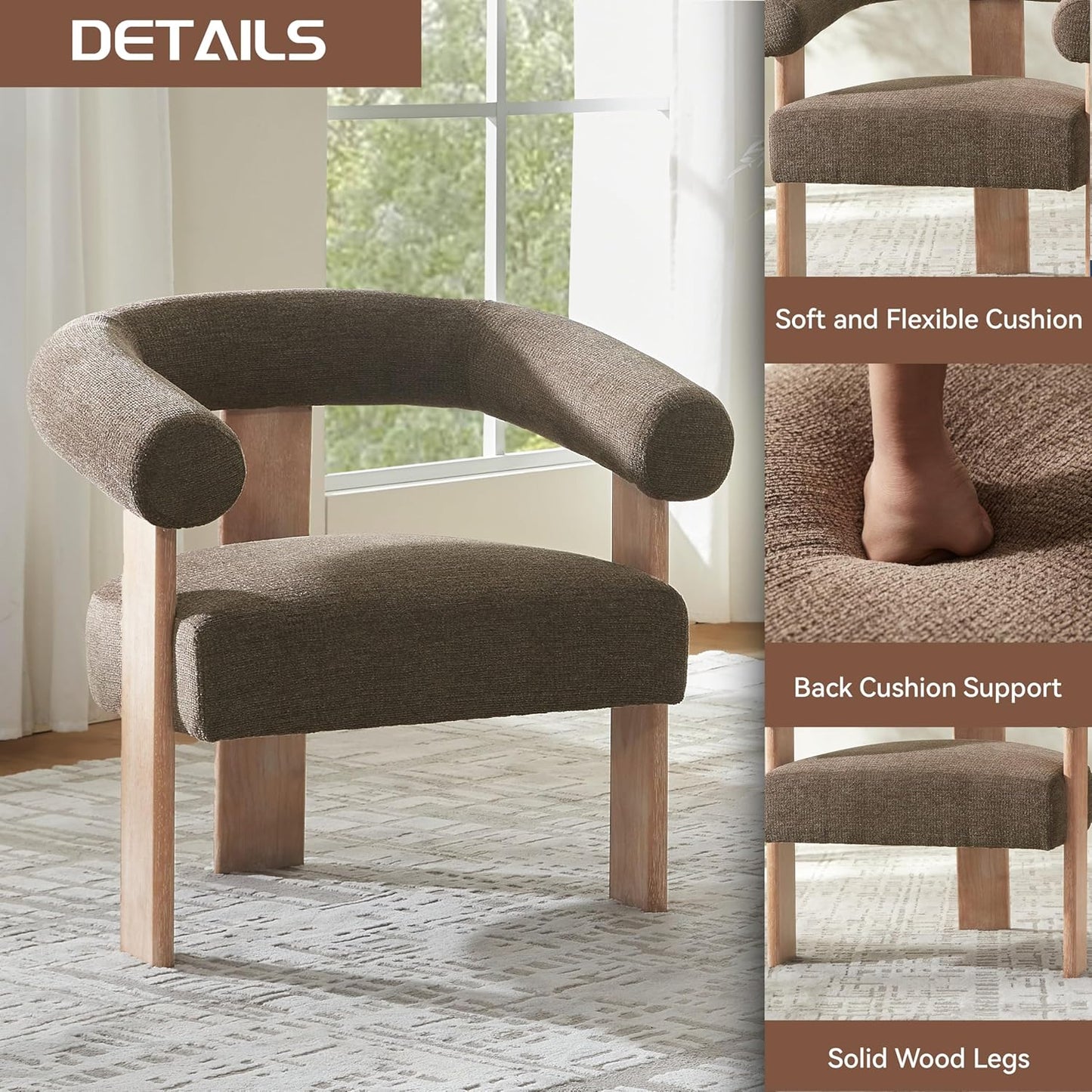 VKNOW Accent Chair Living Room Chair Set of 2, Modern Upholstered Armchair with Solid Wood Legs, Comfy Barrel Arm Chairs for Living Room Bedroom, Brown