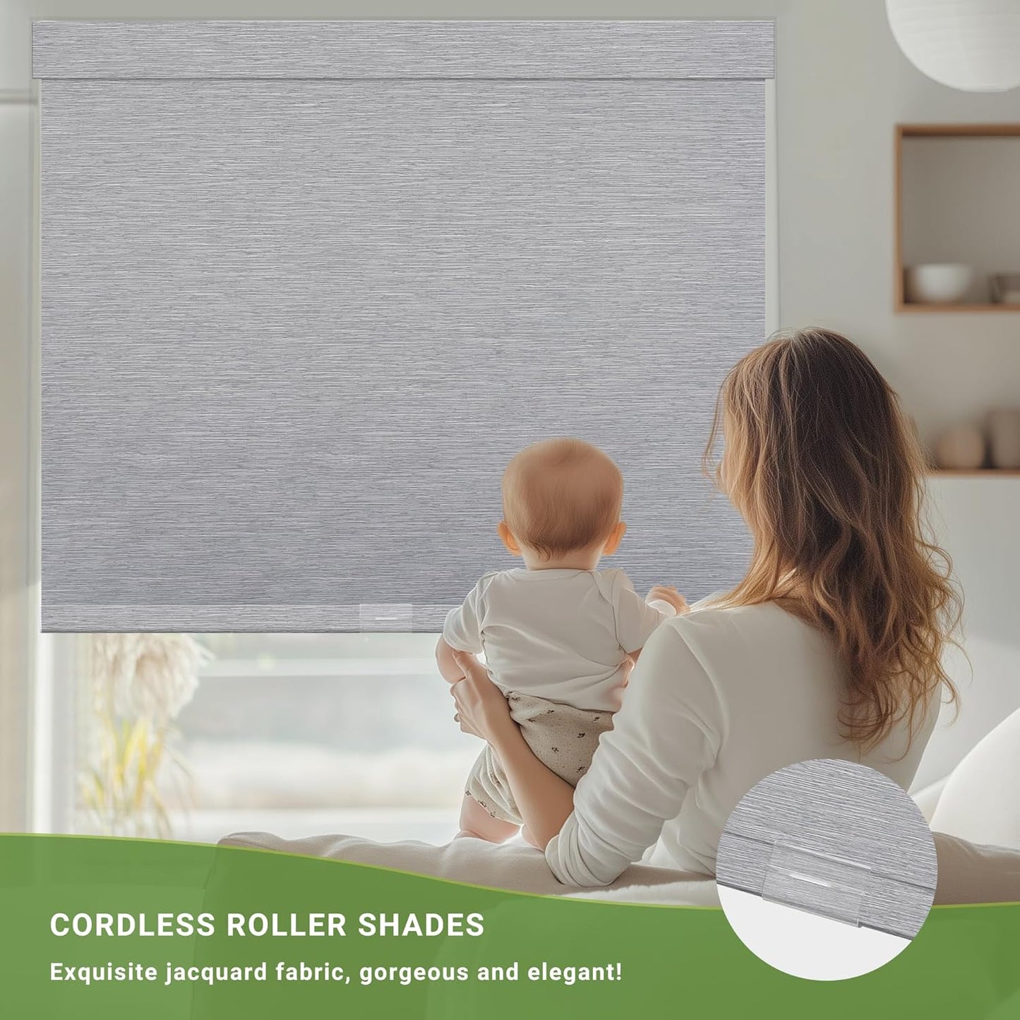 Blackout Roller Shades for Indoor Windows, Cordless Jacquard Fabric-Matched Roller Blinds, Easy to Install Privacy UV Protection Roll Up Blinds for Home Office, Grey, Custom Size