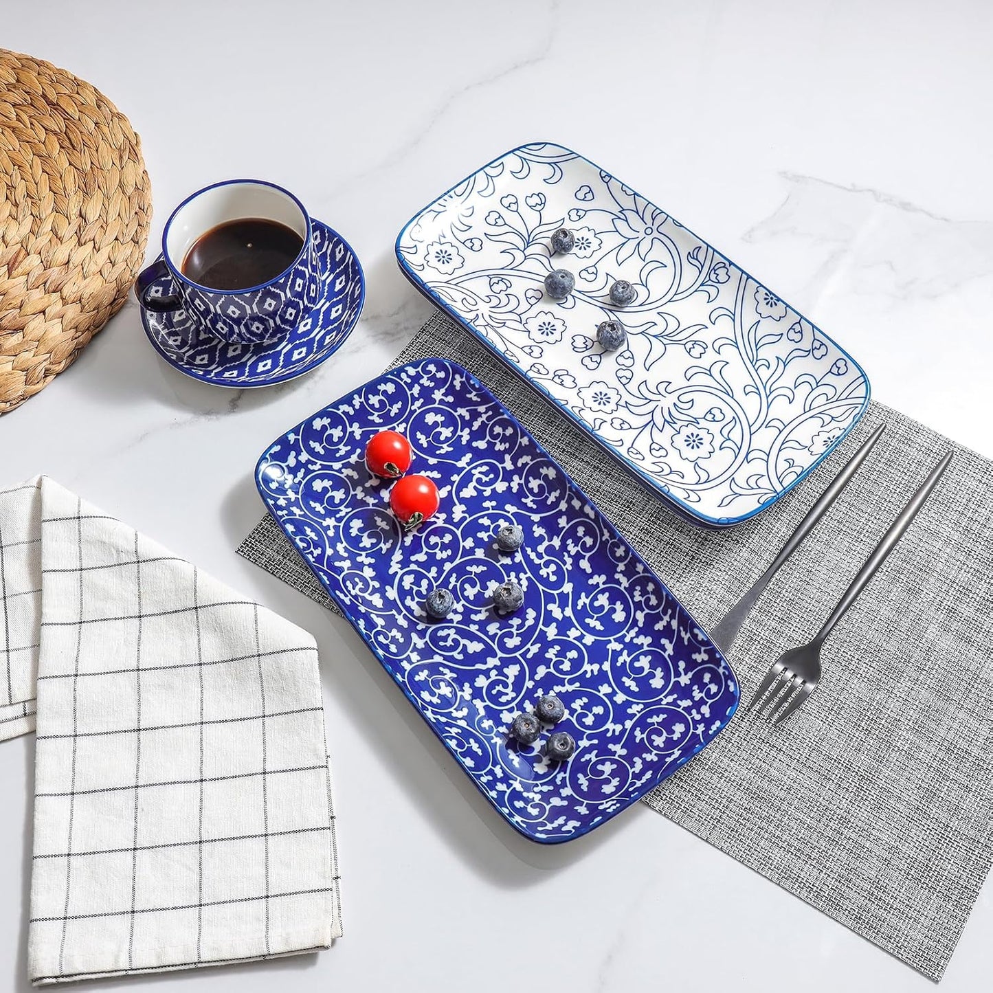 Selamica Ceramic Serving Platters, 14 Inch Serving Trays for Party Entertaining, Large Rectangular Serving Plates for Appetizer, Charcuterie, Dessert, Fruit, Set of 4, Vintage Blue