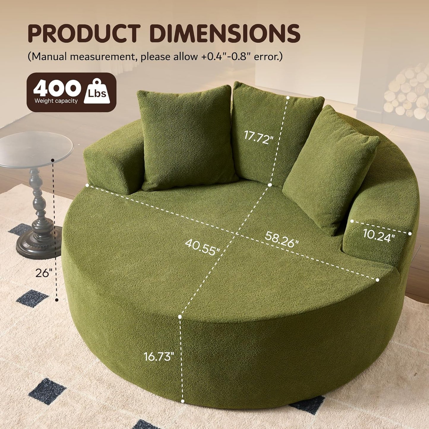 ovios 58" Oversized Round Chair Lounge Chaise Indoor, No Assembly Required, Cloud Large Circle Chair with Plush Fuax Fur, Fluffy Modern Sleeper Sofa Bed for Reading Yoga, Green (Cloud Velvet)