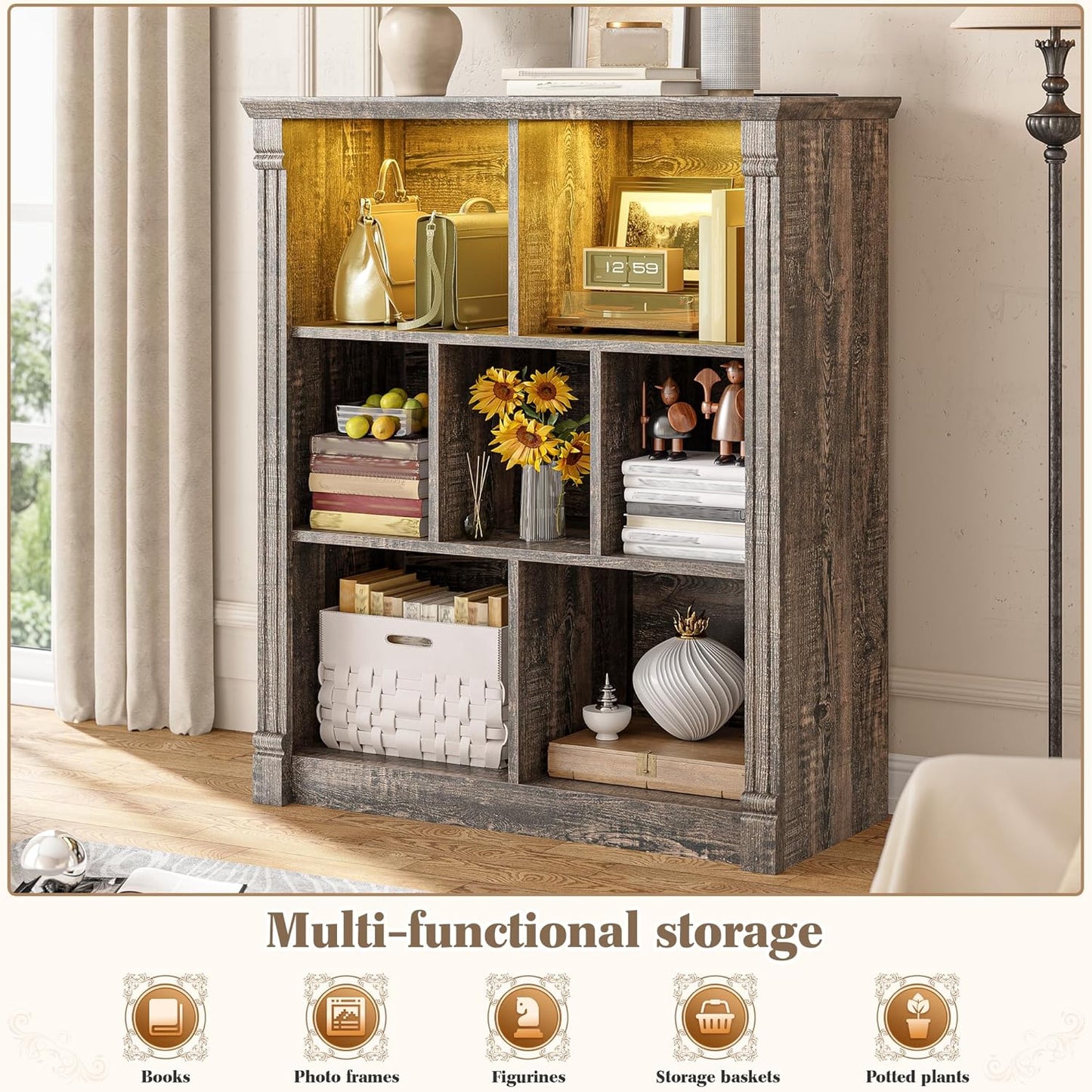 EnHomee 7 Cube Bookshelf Cubby Storage Organizer with LED Lights and Charging Station, Wood Shelf Display Cabinet for Bedroom, Living Room, Office Black Oak