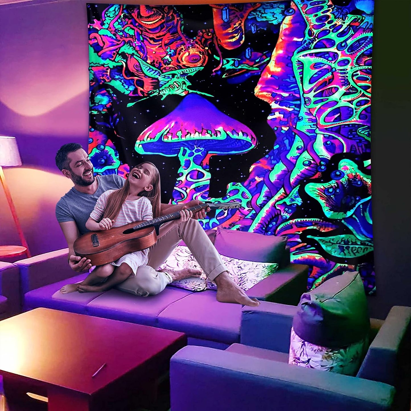 ADDWel Blacklight Mushroom Tapestry, Upright Tapestry Glow In The Dark, UV Reactive Black Light Tapestries Posters Wall Hanging for Backdrop Bedroom Dorm Living Room Decor(60"x80")