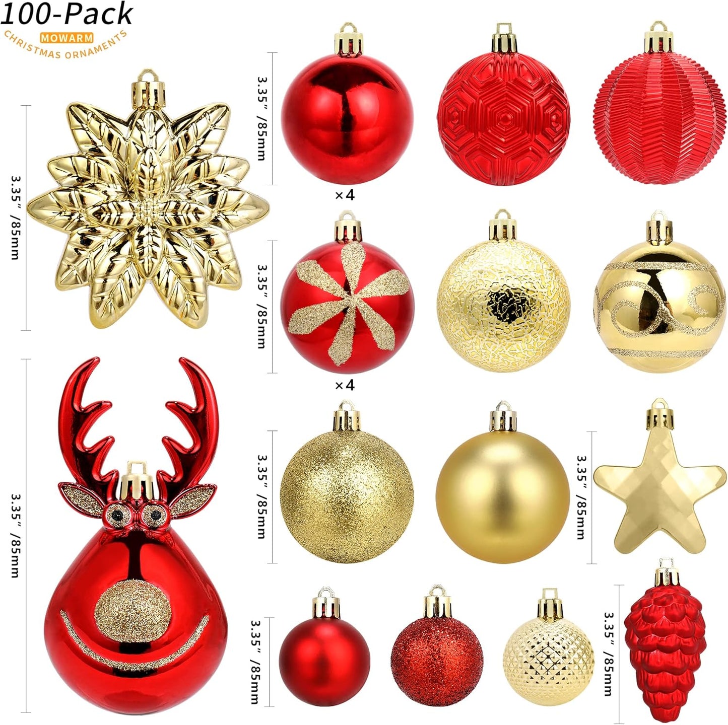 100-Pack Various Shatterproof Christmas Balls, Christmas Decorative Ball Ornaments for Xmas Tree- Red & Gold