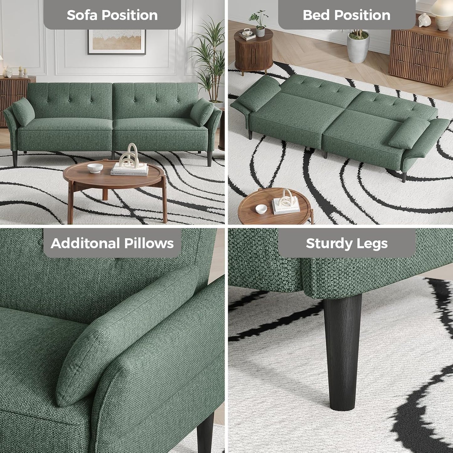 89” Futon Sofa Bed, Linen Comfy Futon Couch Bed with 2 Square Pillows, Convertible Sleeper Sofa with Adjustable Backrest& Armrests, Modern Loveseat Sleeper for Living Room, Bedroom, Green