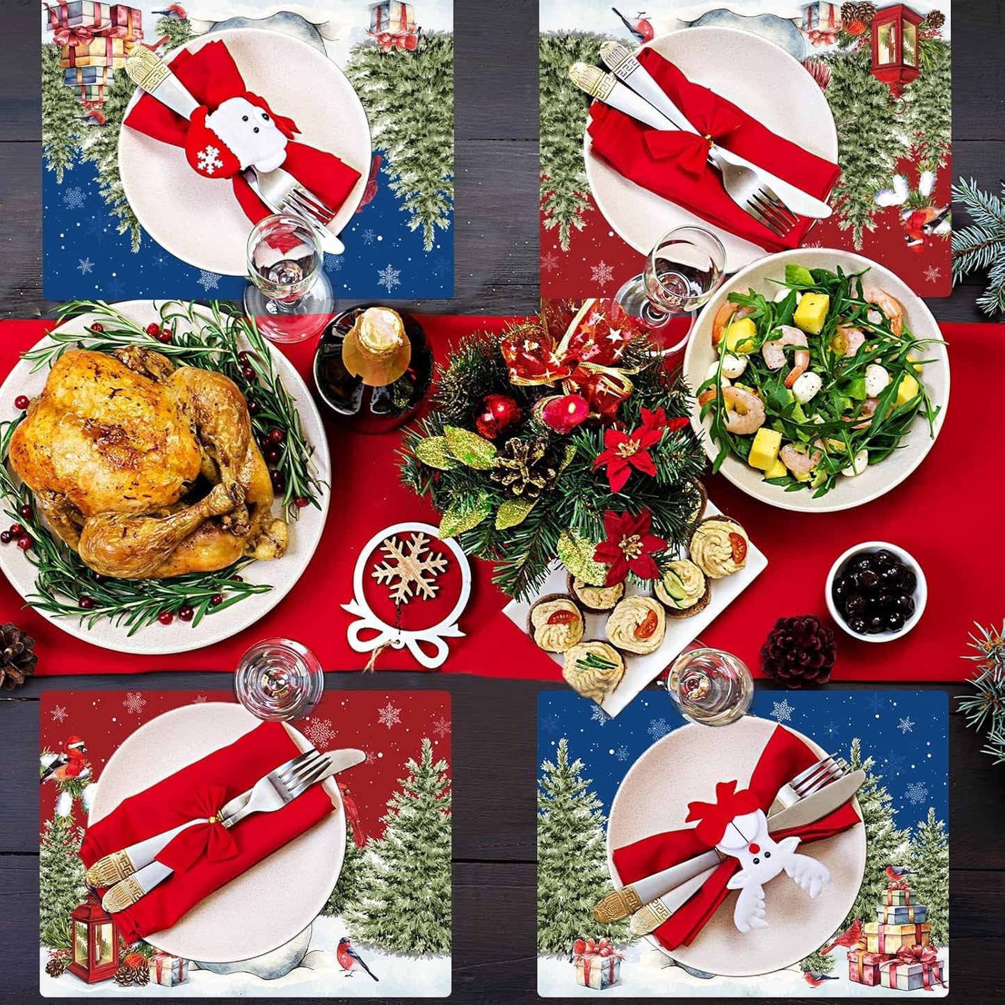 Winter Christmas Placemats Set of 6 Red Blue Snowman Plastic Table Mats Christmas Tree Birds Place Mats Washable Vinyl Seasonal Winter Table Decoration for Indoor Outdoor Party Kitchen Dining