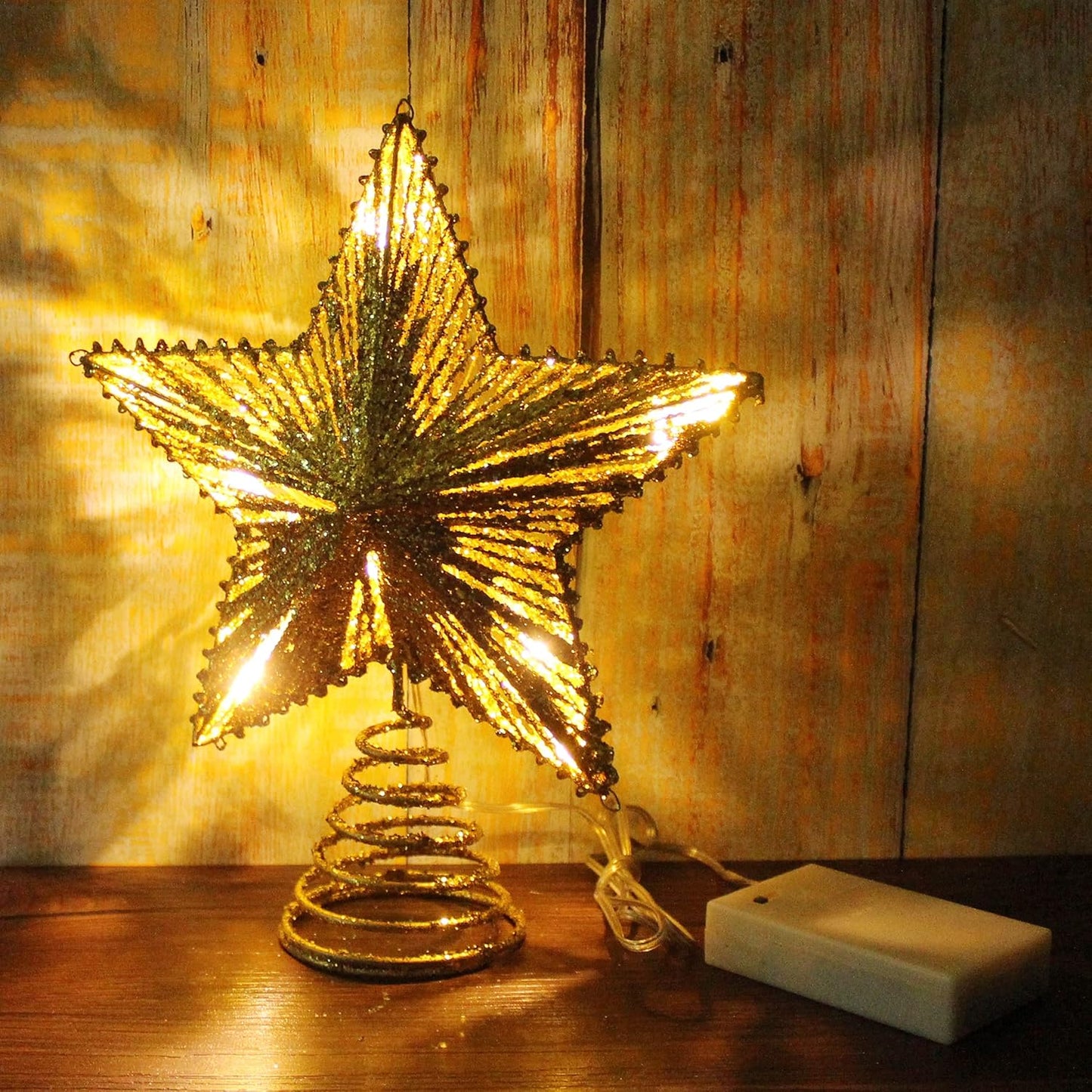 CVHOMEDECO. Gold Glittered 3D Tree Top Star with Warm White LED Lights and Timer for Christmas Tree Decoration and Holiday Seasonal Décor, 8 x 10 Inch