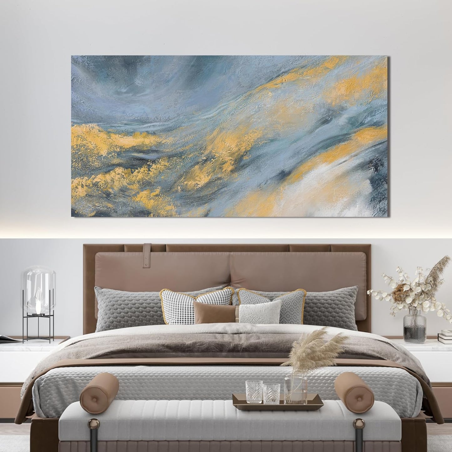Abstract Wall Art Decor Large Modern Blue Wall Art Prints Canvas Wall Art for Living Room Abstract Canvas Art Wall Decor Gold Wall Art Decorations Artwork for Walls Kitchen Bedroom Decor 24" X 48"