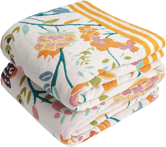 Boho Throw Blanket, 100% Organic Cotton Breathable Ultra Soft 91" x 98" Bed Quilt Throw - All Season Floral Rustic Farmhouse Decor Luxury Reversible Blanket for Sofa Couch Chair and Gift