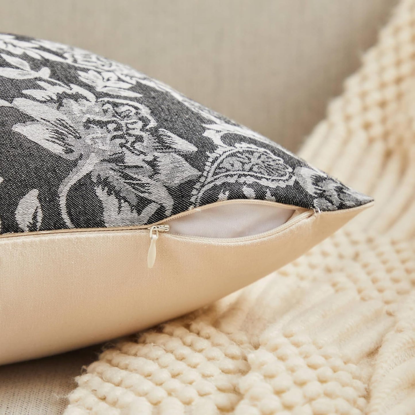 Floral Jacquard Lumbar Throw Pillow Covers Set of 2, Background/Charcoal 12x20 Inch, Farmhouse Decorative Cotton Dark Grey Cushion Covers for Sofa Bed Living Room Home Decor