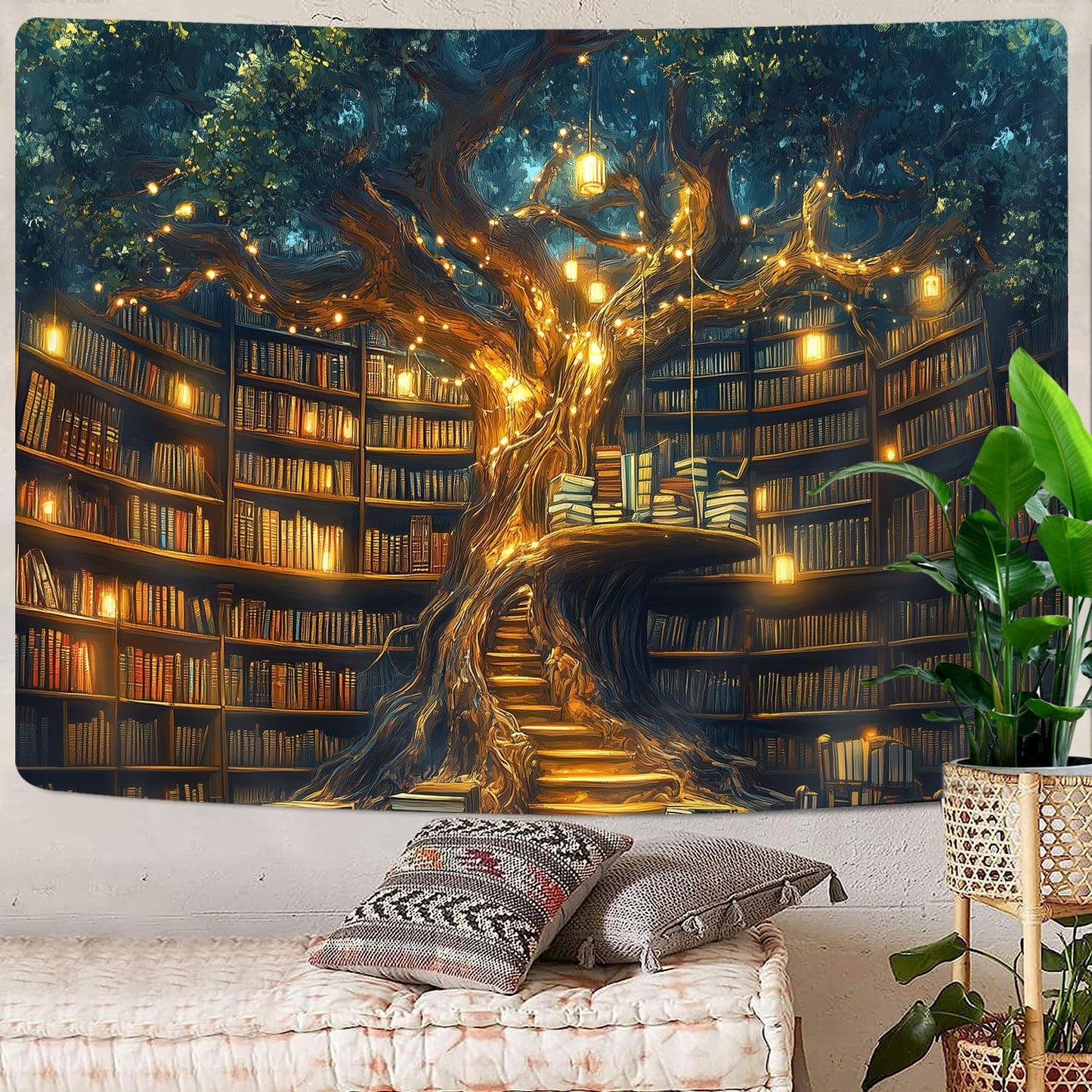 Fantasy Library Tapestry, Fairytale Tree Magic Bookshelf Aesthetic Tapestries for Classroom, Witchy Fairy Tree Mysterious Vintage Bookshelf Book Art Tapestry Wall Hanging College Room Bedroom, 40"X30"