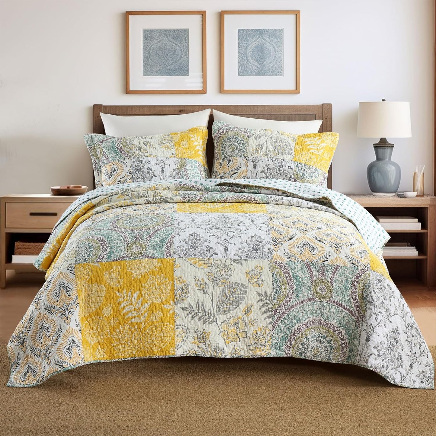 Secgo Queen Comforter Set for Bed - 100% Cotton Quilts Queen Size, Black Bedspreads (90 * 98 Inch) with 2 Pillow Shams, Patchwork Reversible Lightweight Bedding