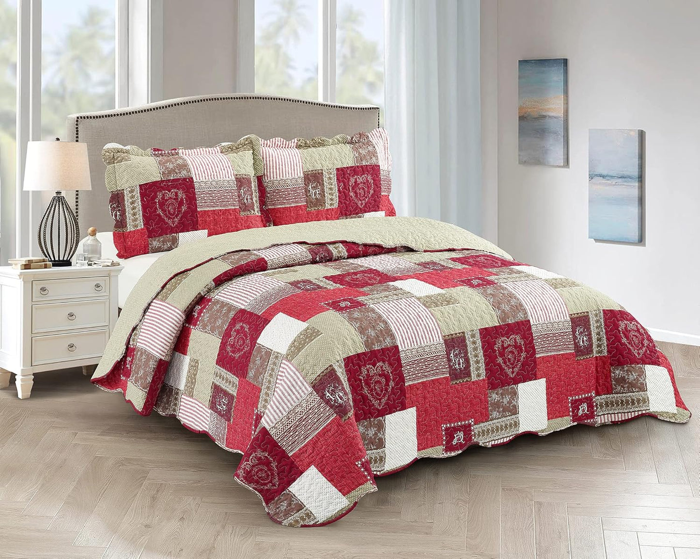 Brilliant Sunshine BurgundyHeart Love, Floral and Lace Patchwork, 3-Piece Quilt Set with 2 Shams, Reversible Bedspread, Soft Lightweight Coverlet, All-Season, Full/Queen, Burgundy