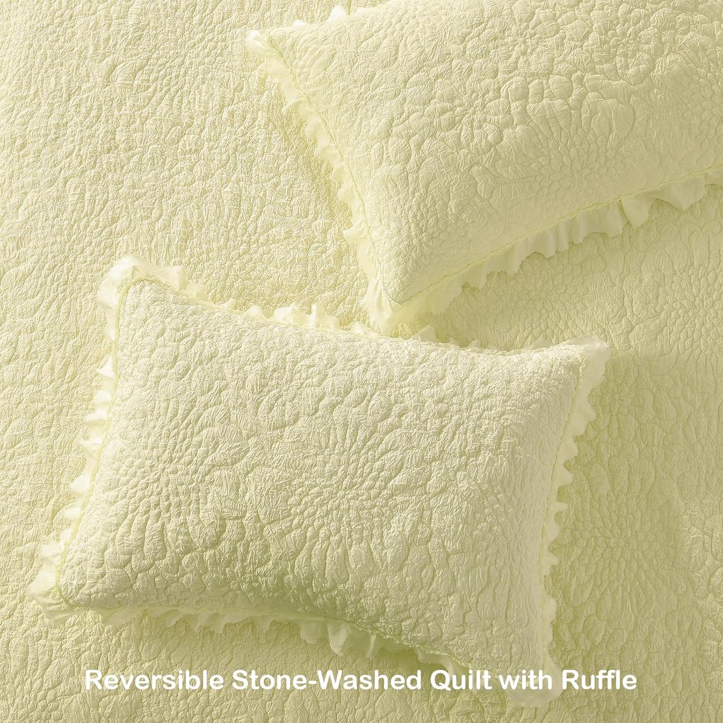 Light Yellow Ruffled Quilt Queen Size, Stone-Washed Microfiber Lightweight Crinkled Farmhouse Rustic Shabby Chic Bedding Set, 3 Pieces Reversible Bedspread Coverlet with Pillow Shams for All Season