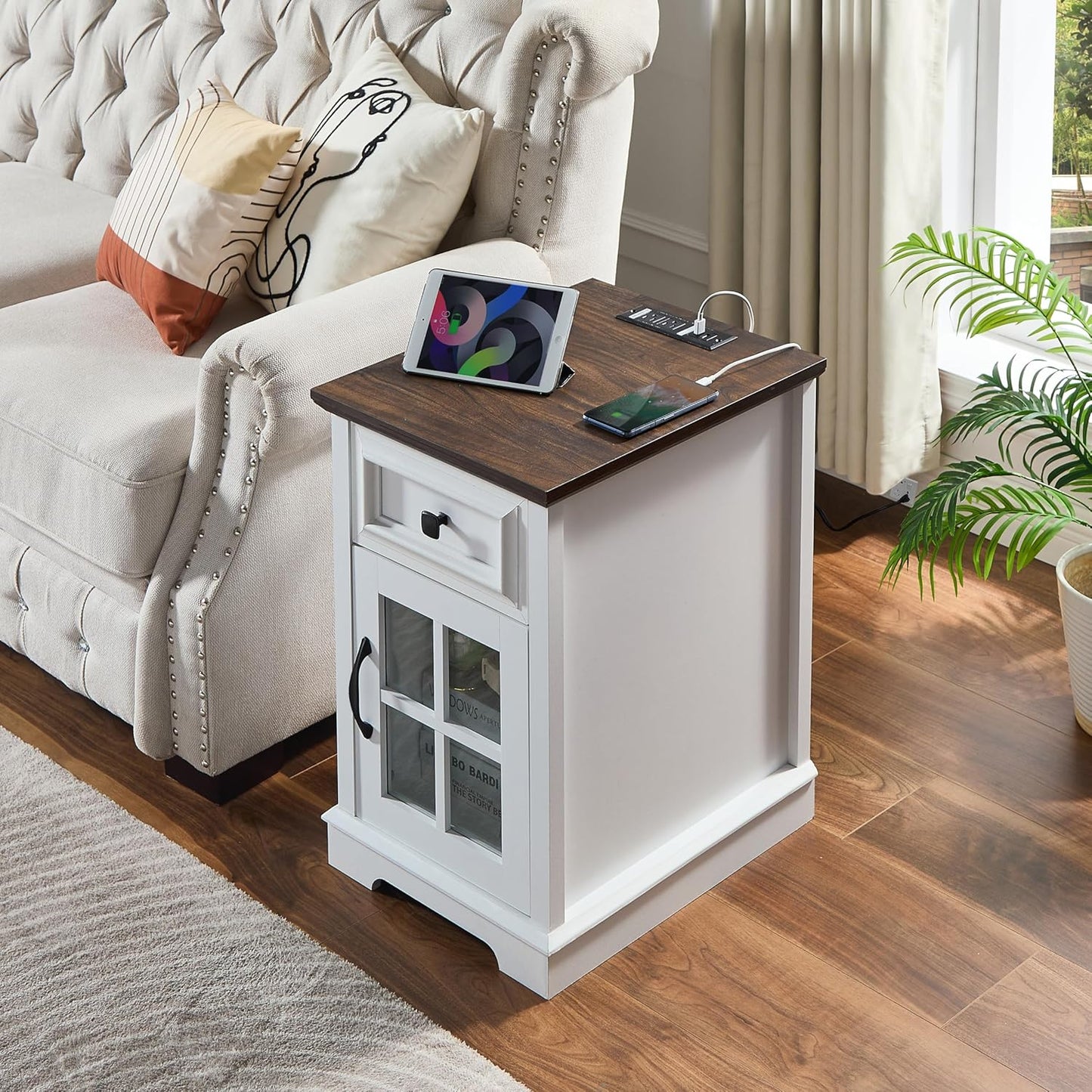 Farmhouse XXL End Table with Charging Station, Side Table with USB Ports and Outlets, Nightstand with Drawer and Glass Door Storage, White Bedside Tables for Living Room, Bedroom, Office