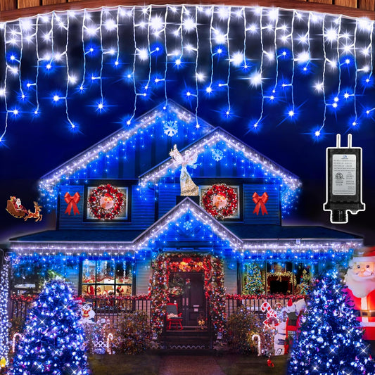 792 LED Christmas Outdoor Lights with 176 Drops, 82ft Hanging Curtain Lights 8 Modes, Christmas Fairy Lighs with Timer & Memory for House Roof Holiday Wedding Christmas Decor Blue & Cool White