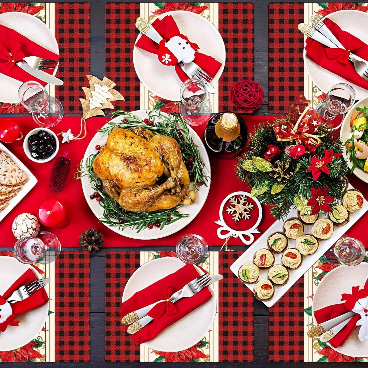 Christmas Poinsettia Placemats Set of 6 Red Watercolor Poinsettia Plastic Table Mats Christmas Xmas Red Flower Place Mats Winter Holiday Table Decoration for Indoor Outdoor Party Kitchen Dining