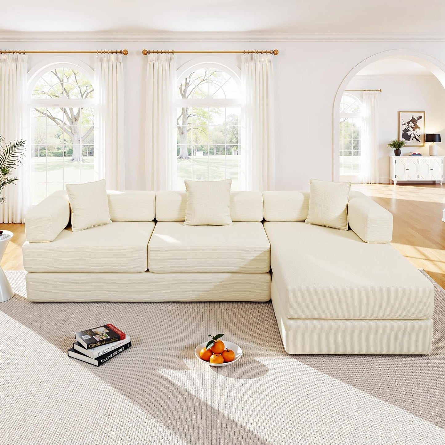 108" Oversized Convertible Sleeper Sofa Bed, Corduroy L Shape Sectional Couch, Folding Sofa Bed with Side Pocket, Modern Cloud Floor Mattress Couch, Modular Sofa for Living Room, Beige