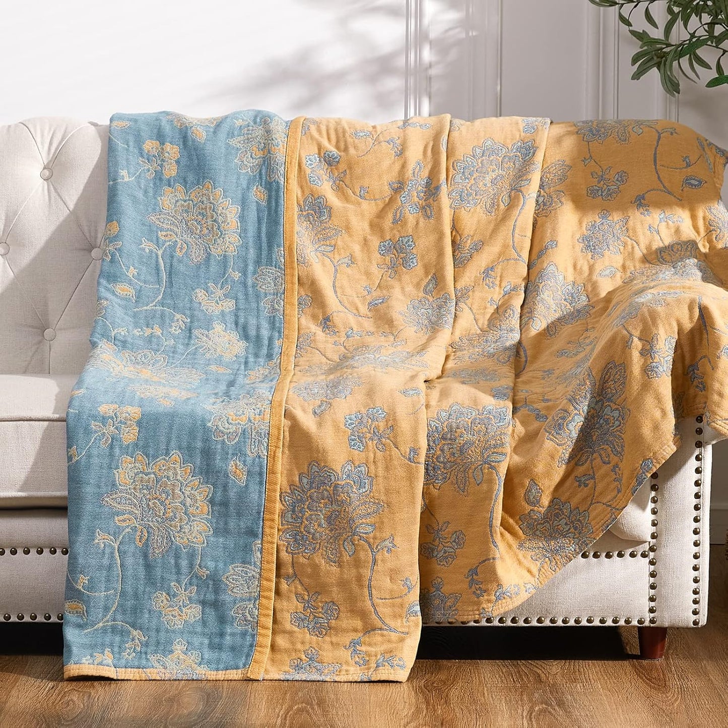jinchan Boho 100% Cotton Muslin Twin Size 50x60 Inches Blanket Lightweight 4-Layer Quilted Soft Yellow and Blue Floral Throw Blanket Reversible Comfy Flower Breathable All Seasons Couch Bedroom Decor