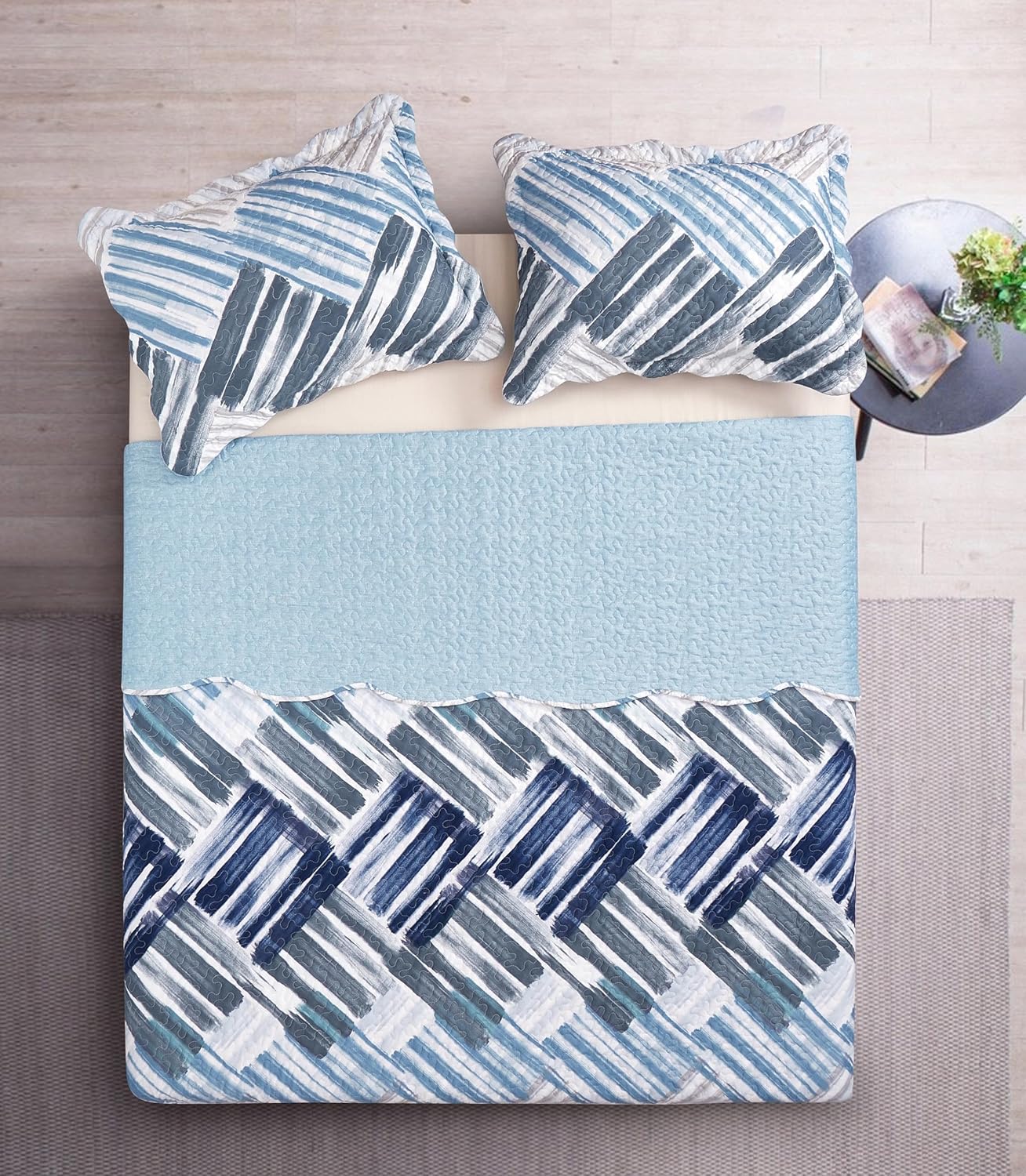 Brilliant Sunshine Blue and Grey Stripe Blocks Patchwork, 3-Piece Quilt Set with 2 Shams, Reversible Bedspread, Soft Lightweight Coverlet, All-Season, Full/Queen, Blue Grey