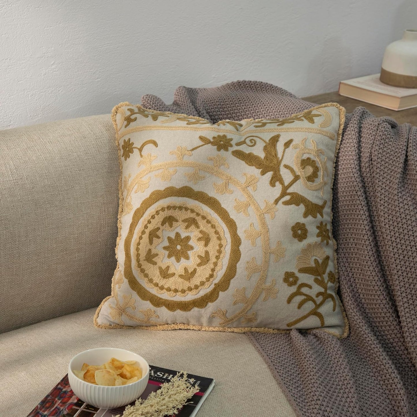 Embroidered Mandala Floral Vintage Indian Cotton Decorative Embroidery Throw Pillow Covers, Fringes Lace Cushion Cover, Pillow Case for Sofa Couch Bed Chair 18" x 18"
