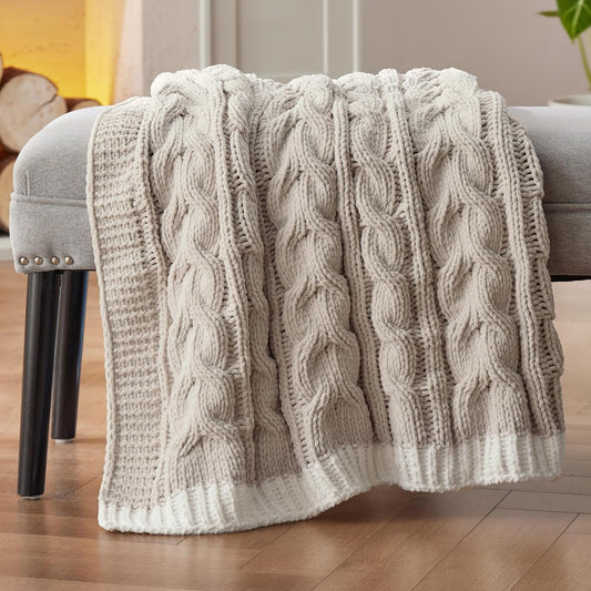 Bedsure Cable Knit Throw Blanket for Couch Bed - Breathable Chenille Chunky Knit Throw Blanket for Decorative Gift, GentleSoft Cozy and Warm for Winter and All Seasons, Beige, 50x60 Inches