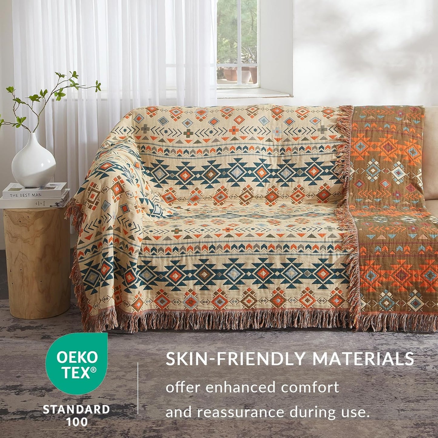 Boho Throw Blanket for Couch Sofa Bed, 100% Cotton Woven Quilt with Tassel 60”x80”, Super Soft Muslin Blanket with Patchwork Printed, Decorative Reversible Bed Blanket/Cover for All Seasons