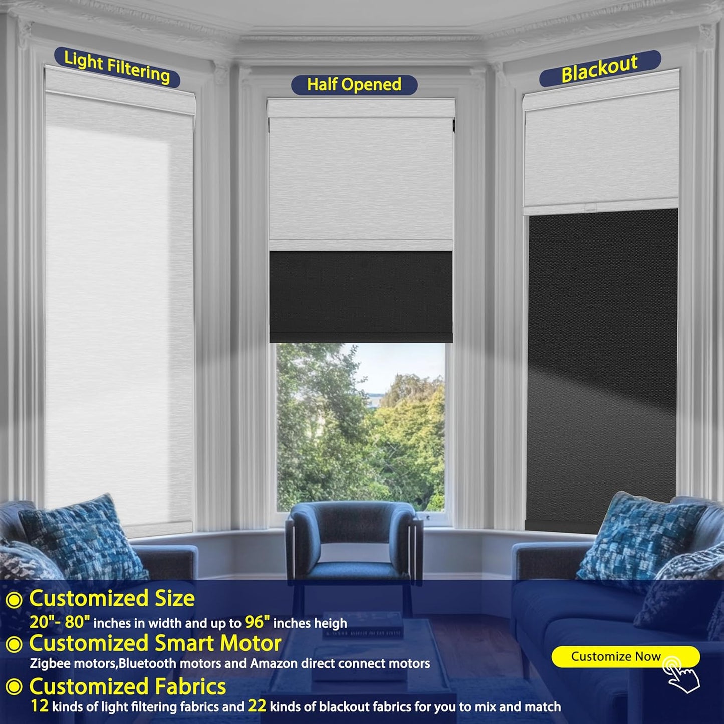 BERISSA Motorized Blinds with Remote,Dual Roller Shades,Blackout&Light Filtering Smart Blinds for Windows,Remote Control,Customized Automatic Blinds,Electric Blinds with USB/Solar Pannel.Custom Color