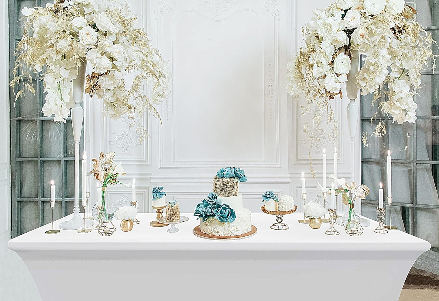 Utopia Kitchen 4FT Spandex Tablecloth [1 Pack, White] 200 GSM Stretch, Fitted, Washable and Wrinkle Resistant Table Cloth Rectangle Cover for Trade Shows, Wedding, Parties [48Lx30Wx30H Inch]