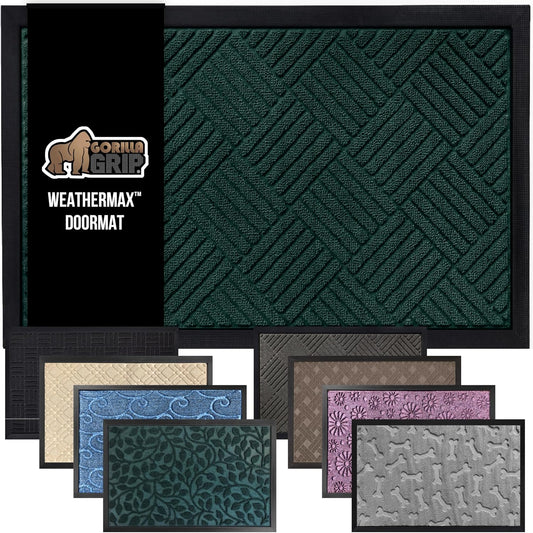 GORILLA GRIP 100% Waterproof All-Season WeatherMax Doormat US Designed Natural Rubber, Stain and Fade Resistant, Low Profile Indoor Outdoor Door Mats, Easy Clean Patio Mat, 23x35, Green Diamond