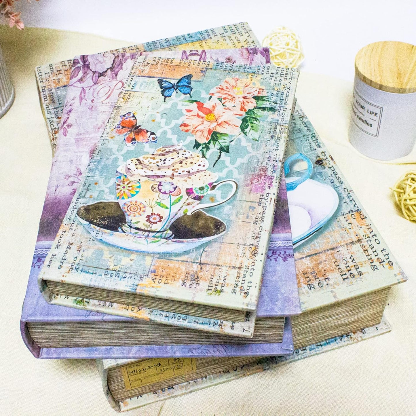 Decorative Book Box Set of 3, Trinket Keepsake Greeting Card Storage Box, Flower Bird Pattern Vintage Coffee Table Decoration, Graduation Gift Idea