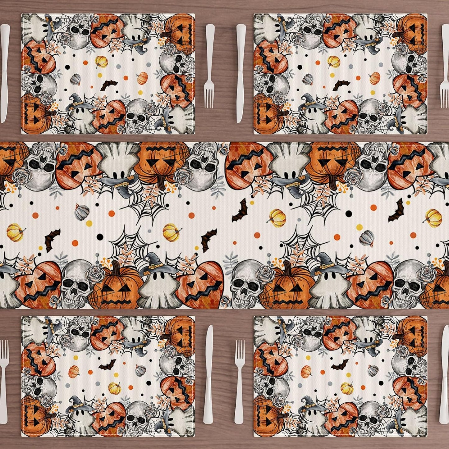 XCHI Spooky Skeleton Ghost Pumpkin Halloween Placemats Set of 6 Table Mats for Party Home Kitchen Dining Table Decorations 12x18 Inch