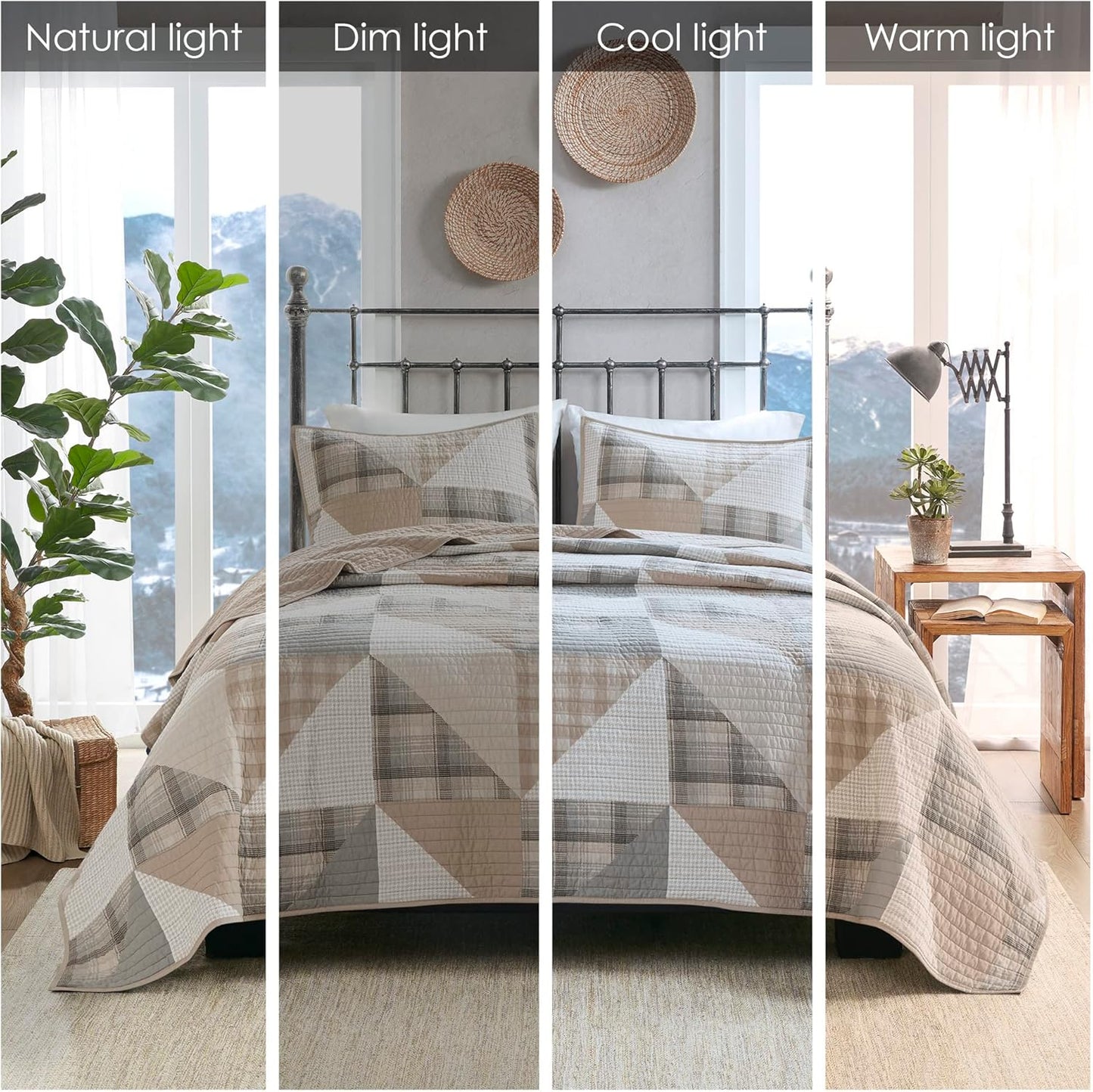 Woolrich Olsen Reversible Quilt Set - Cottage Styling Reversed to Solid Color, All Season Lightweight Coverlet, Cozy Bedding Layer, Matching Shams, Oversized King/Cal King Geometric Plaid Tan 3 Piece